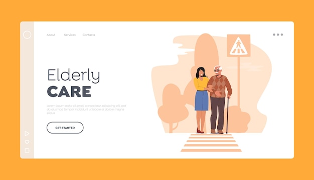 Vector elderly care landing page template female character help for aged man with walking cane to cross road