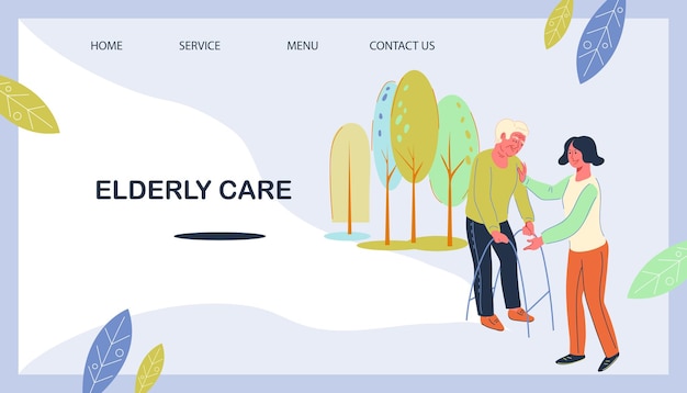 Elderly care services and nursing home medical services web page flat vector