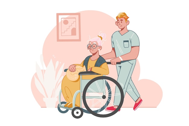 Elderly Care  . Social worker or volunteer is helping an older woman in a wheelchair.  Help for seniors with disabilities  in a nursing home.  