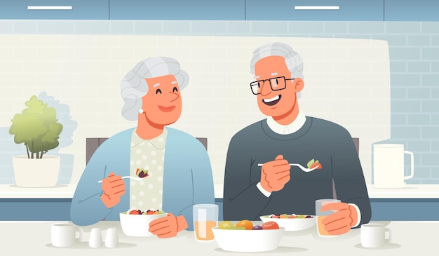 Elderly couple  breakfast  table kitchen Happy seniors eat tasty healthy food lunch_ai_generated