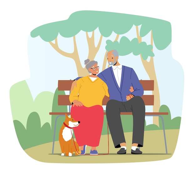 Elderly Couple Characters Spending Time With Dog at City Park Happy Smiling Senior Man and Woman Sitting on Bench