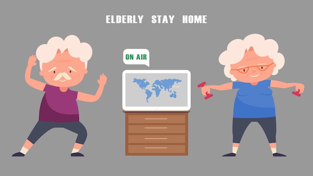 Elderly couple exercise at home.Listen to news from TV.