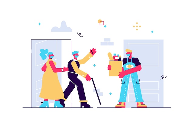 Elderly couple in face masks receiving a bag of groceries from delivery man. Volunteer taking care of senior family during virus outbreak. Shopping help. illustration in flat cartoon style