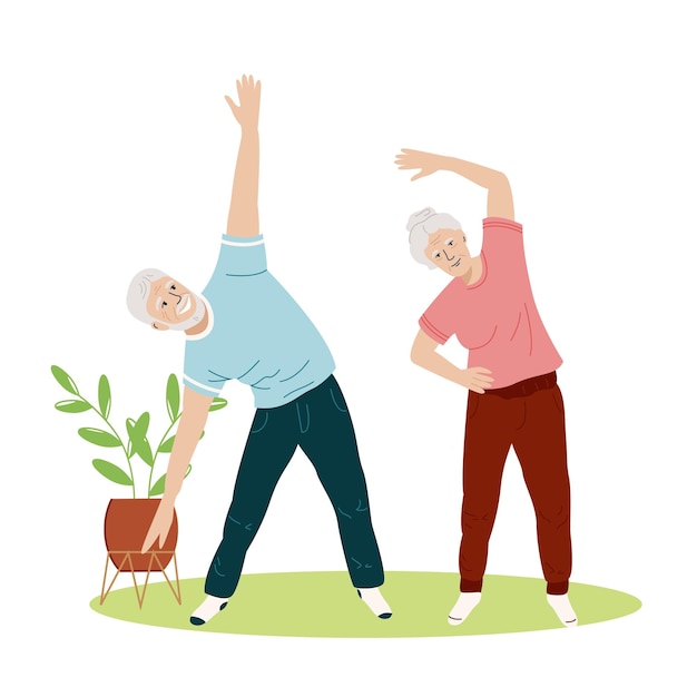 Elderly couple do gymnastics exercises at home Active mature healthy lifestyle together Vector