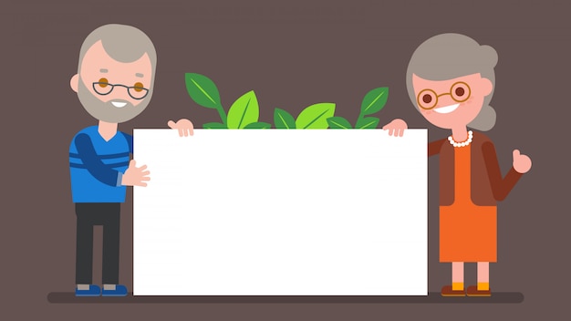 Elderly couple holding blank white board. Happy grandparent standing with big white placard. Vector cartoon character illustration.