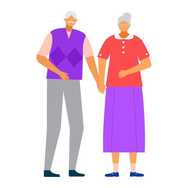 Vector elderly couple holding hands senior man woman standing together loving grandparents retirement