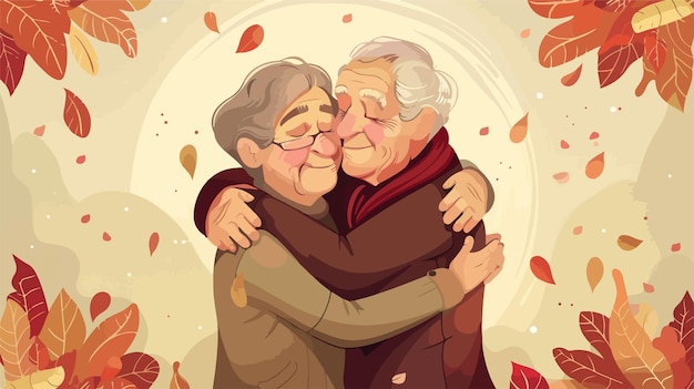 Vector elderly couple hugging with love