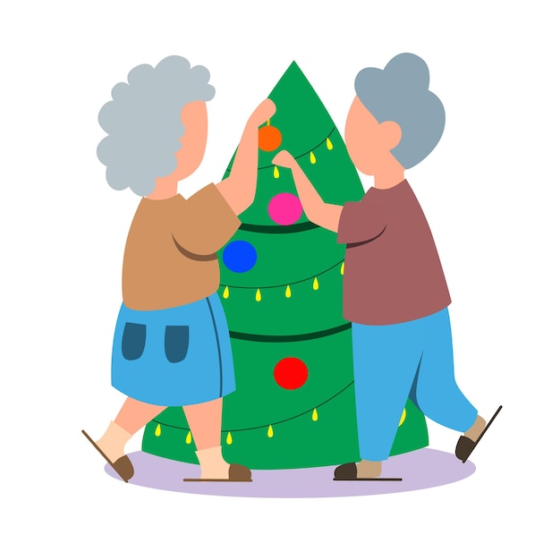 An elderly couple is decorating a Christmas tree