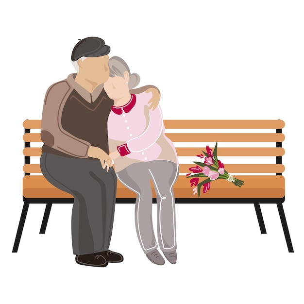 Elderly couple is sitting on a bench in the park vector illustration.Seniors rest outdoors