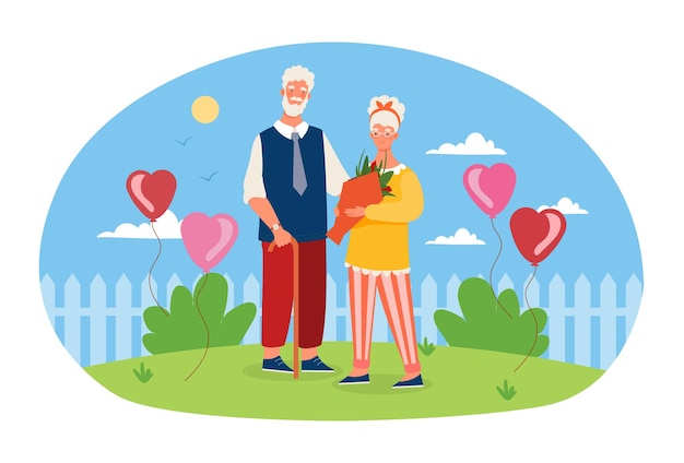 Vector elderly couple is standing with flowers with blue sky on the background happy family old grey