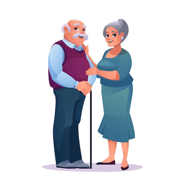 Elderly couple man with stick and pretty mature woman in dress isolated vector mature caucasian male