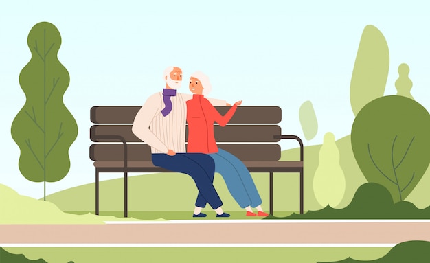 Elderly couple park. Seniors happy grandfather grandmother sitting on bench old family in summer nature city park  concept