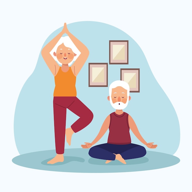 Elderly couple practicing yoga