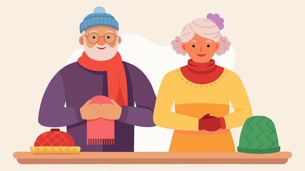 An elderly couple proudly standing behind their table of handknitted scarves hats and gloves ready