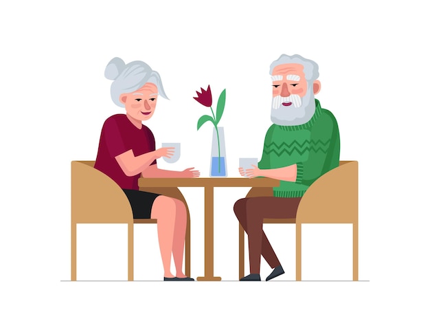 Elderly couple retired grandparents sitting in cafe and celebrating anniversary. Old people dating in coffee shop. Senior persons in restaurant. Grandmother and grandfather retired relationships