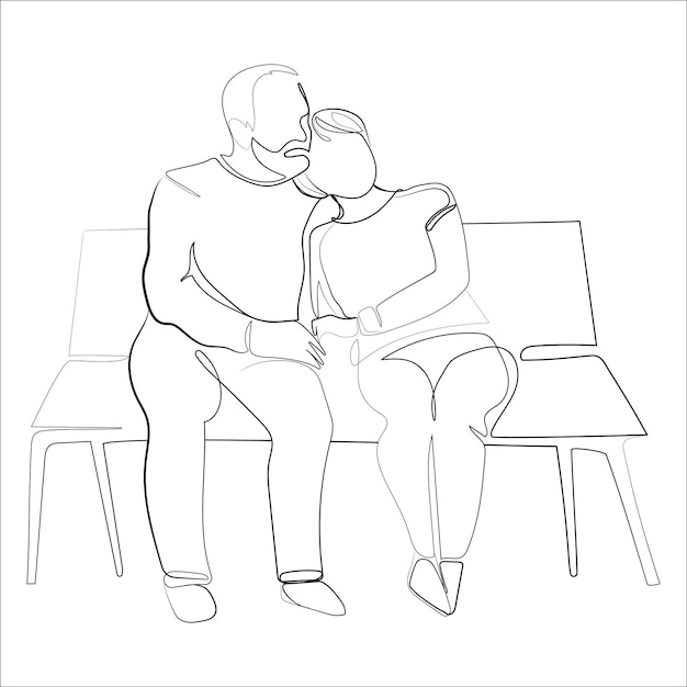 Elderly couple sitting embracing on bench, resting in city park Continuous line drawing.Vector