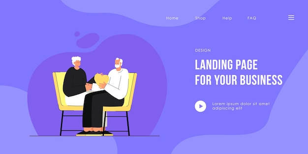 Elderly couple sitting and holding heart together landing page template