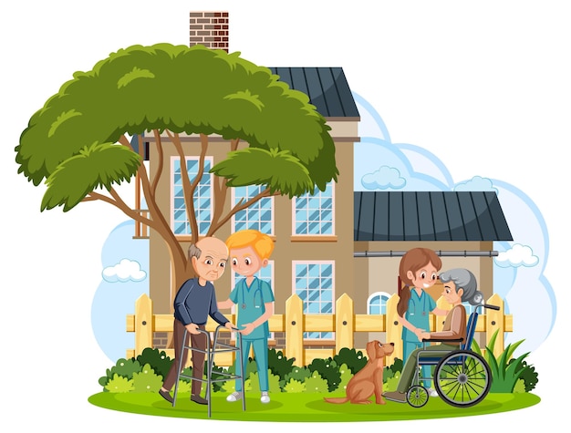 Elderly couple with caregiver in front of house