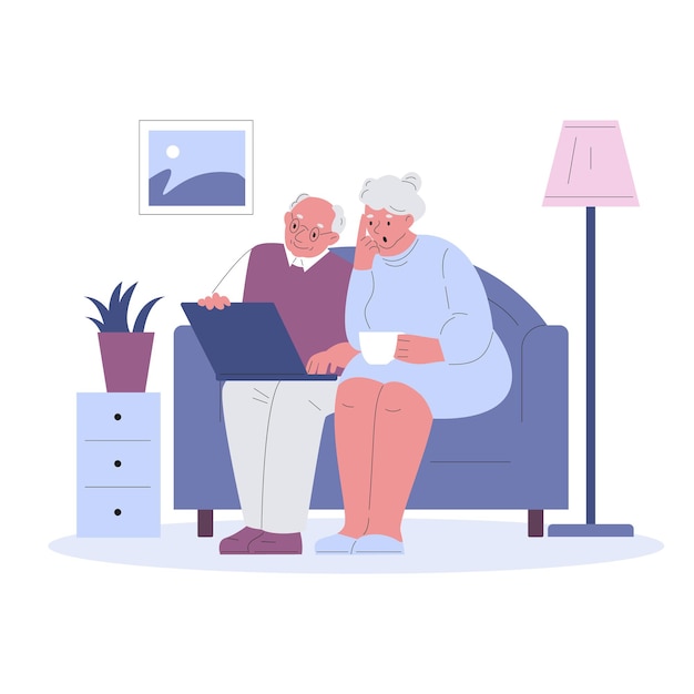 Elderly couple with laptop on the couch. Vector illustration in a flat style.