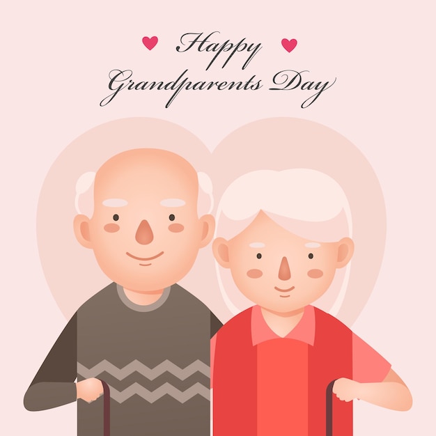 An elderly couple with a stick and a happy grandparents day sign.