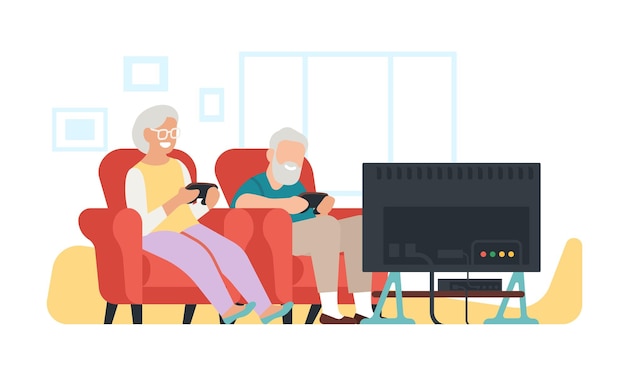 Elderly family playing video games on TV console Grandma and grandpa relax together at home Mature people sitting on sofa Grandparents with video gaming joysticks Vector concept