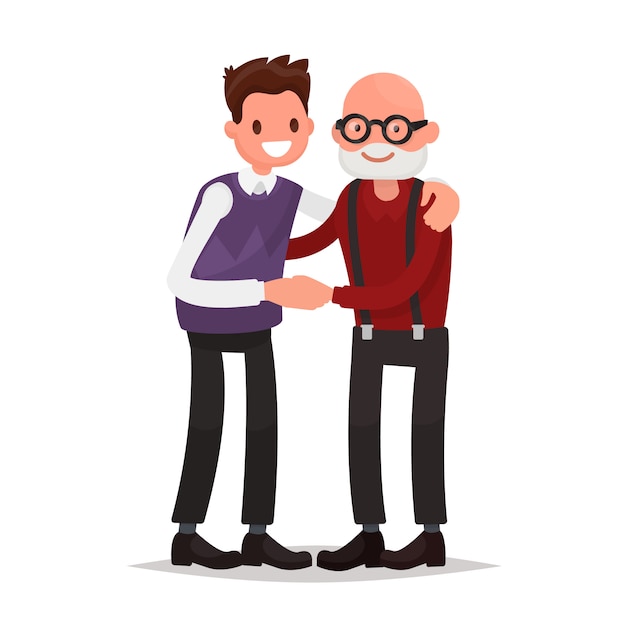 Elderly father and adult son together. illustration of a flat design