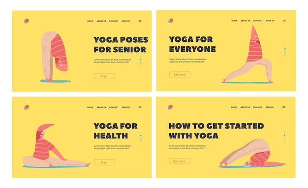 Elderly Female Characters Yoga Poses Landing Page Template Set Old Lady Practice Asana Stretching Healthy Aged Woman