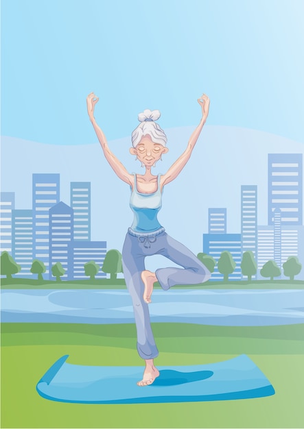 An elderly gray-haired woman practice yoga outdoors in city park, standing on one leg. Active lifestyle and sport activities in old age. illustration.