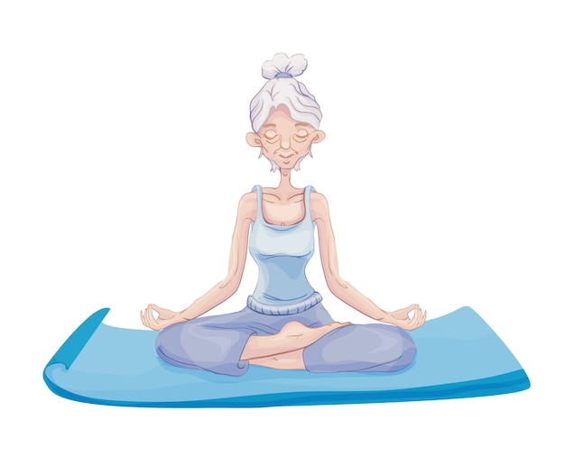 An elderly gray-haired woman practice yoga, sitting in the Lotus position on the Mat. Meditation. Active lifestyle and sport activities in old age. illustration, isolated on white background.