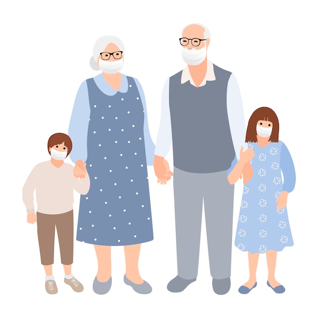 Elderly grayhaired couple with grandchildren in mrdicine maks