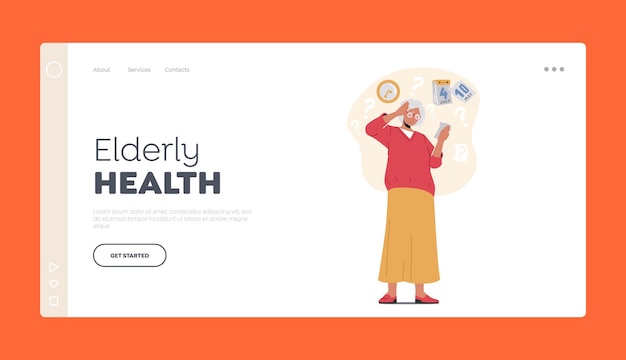 Elderly Health Landing Page Template Forgetful Senior Woman Suffer of Alzheimer Disease or Senility Dementia