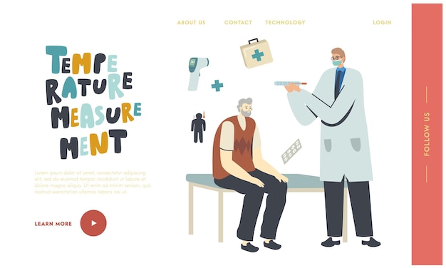 Elderly Healthcare Landing Page Template. Senior Male Character Visiting Hospital with Flu or Covid Symptoms Medic Measuring Temperature with Thermometer to Old Man. Linear People Vector Illustration