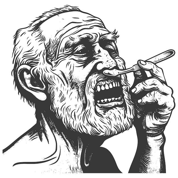 elderly man brushing teeth with engraving style