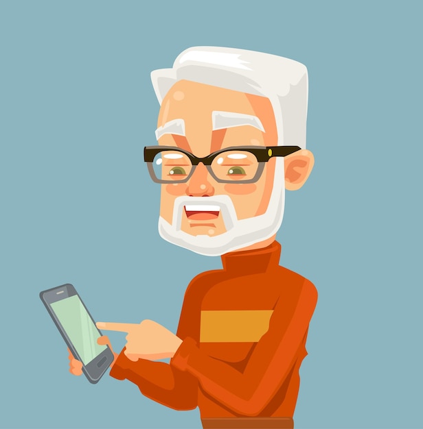 Elderly man character looking on smartphone and typing massage Modern technologies