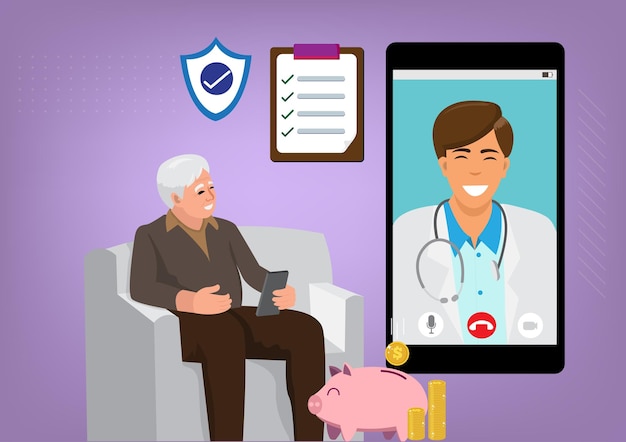 An elderly man consults a doctor online in health insurance that saves money vector illustration