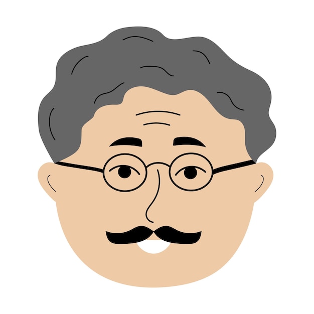 Elderly man face with glasses in doodle style Colorful avatar of grayhaired man