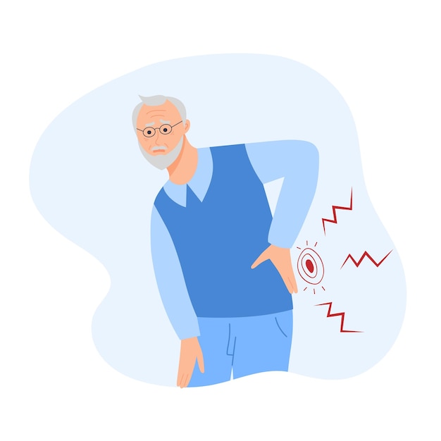 Vector elderly man holding his small of the back senior man suffering from aging and chronic backache