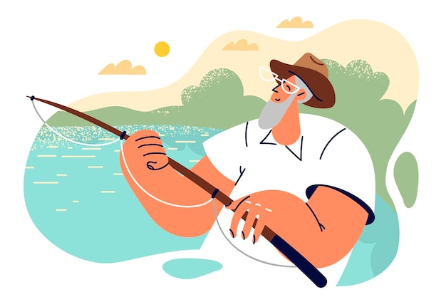 Elderly man holds fishing rod and catches fish sitting in boat or on sea pier in picturesque place Positive retired pensioner fishing enjoying favorite hobby to get rid of bad thoughts