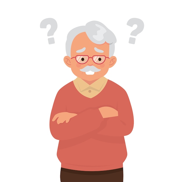 an elderly man is thinking with many questions