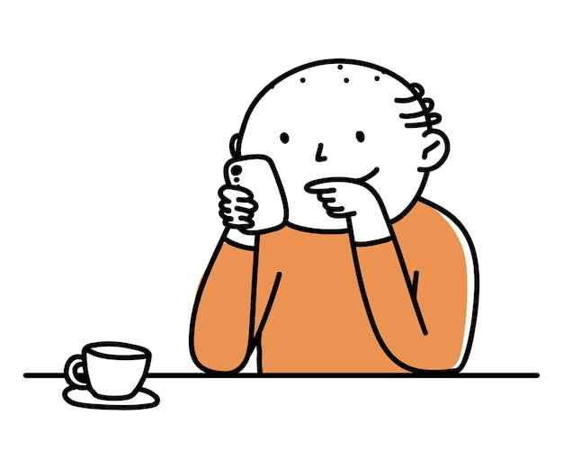 An elderly man looks at the phone and drinks tea Isolated illustration man plays reads laughs