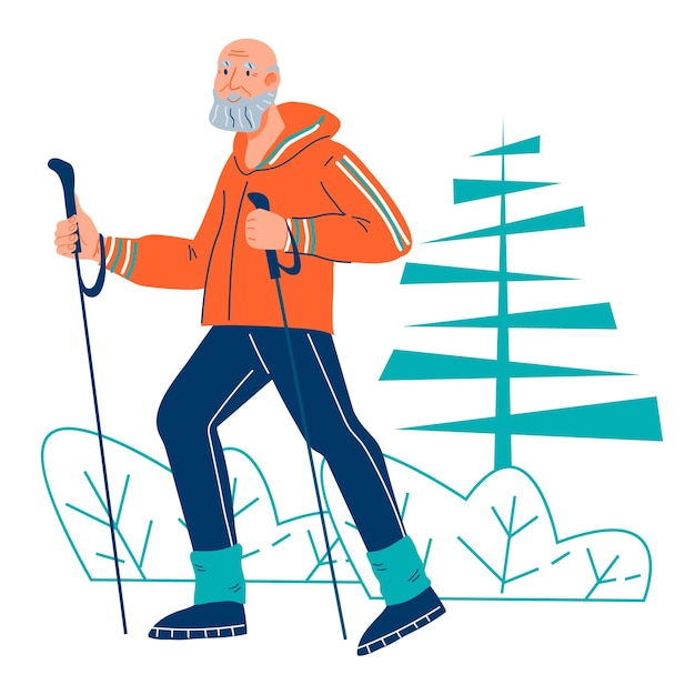 Elderly man at nordic walk training outdoors flat cartoon vector illustration isolated