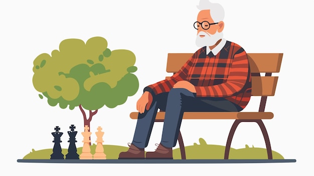 Vector elderly man playing chess outdoors flat style vector illustration