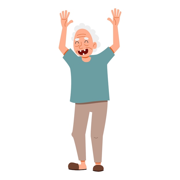 An elderly man rejoices and greets everyone with two hands