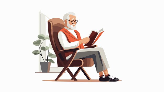 Vector elderly man relaxing in rocking chair while reading newspaper