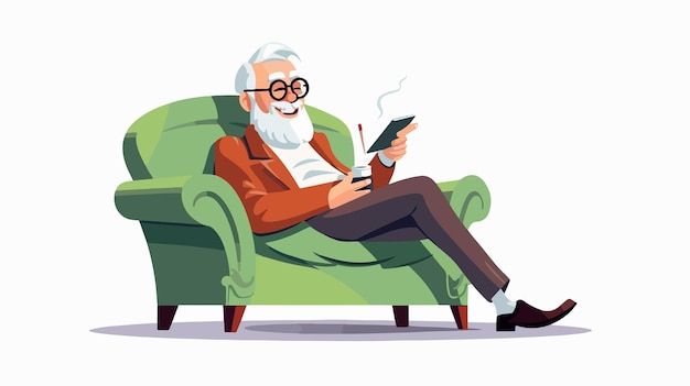 Elderly Man Sitting on Sofa and Using Mobile Phone Cartoon Illustration