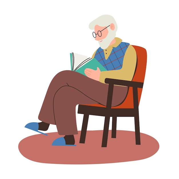 Elderly man with a beard sits in a chair and reads a book vector illustration in cartoon flat style