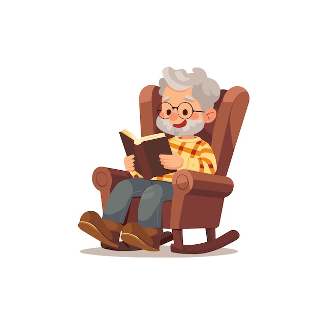 Elderly man with glasses and a white beard sitting in a rocking chair and reading a book