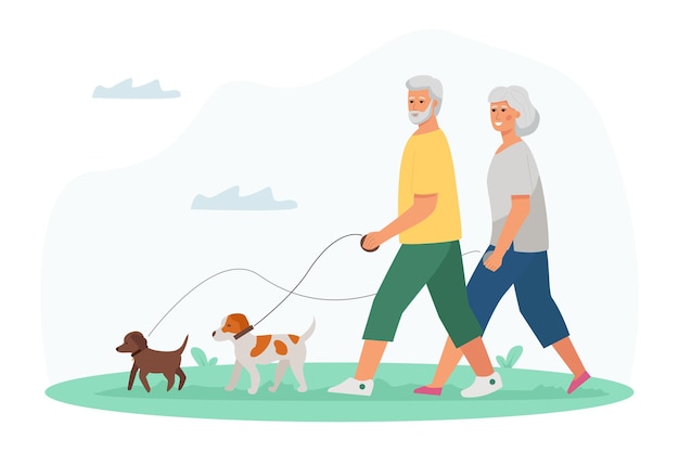 Elderly man and woman walking with dogs. Active lifestyle and leisure activities for seniors.