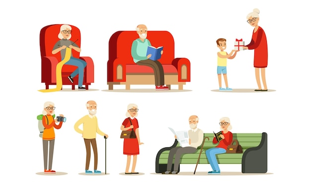 Elderly men and women are resting Set of vector illustrations