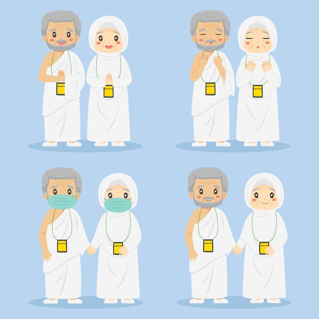 Elderly Muslim Hajj and Umrah character vector set